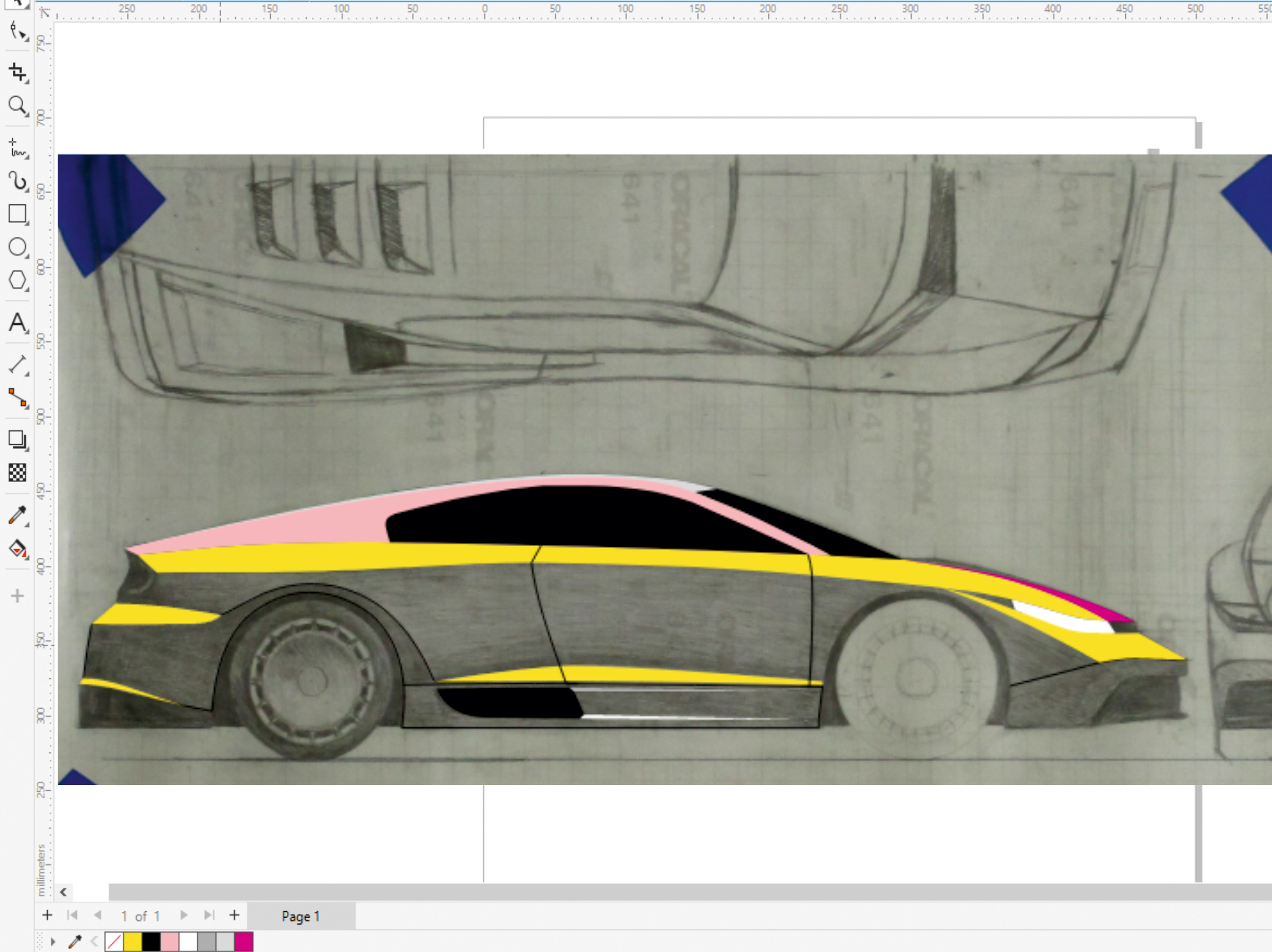 Car rendering over sketch